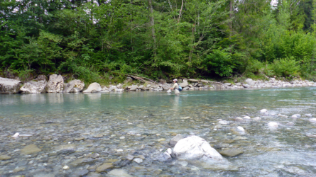 Sylvie hat am anderen Ufer bei den Steinen Fische gesichtet